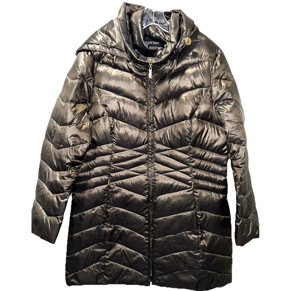 Ellen Tracy Petite Medium Hooded Puffer Duck Down Jacket, Bronze, Gold Accents